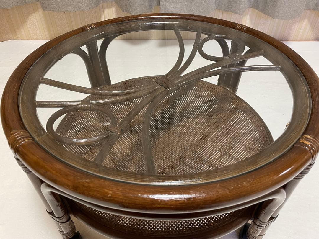 ラタン キャスター付き ガラステーブル コーヒーテーブル アジアン ビンテージ