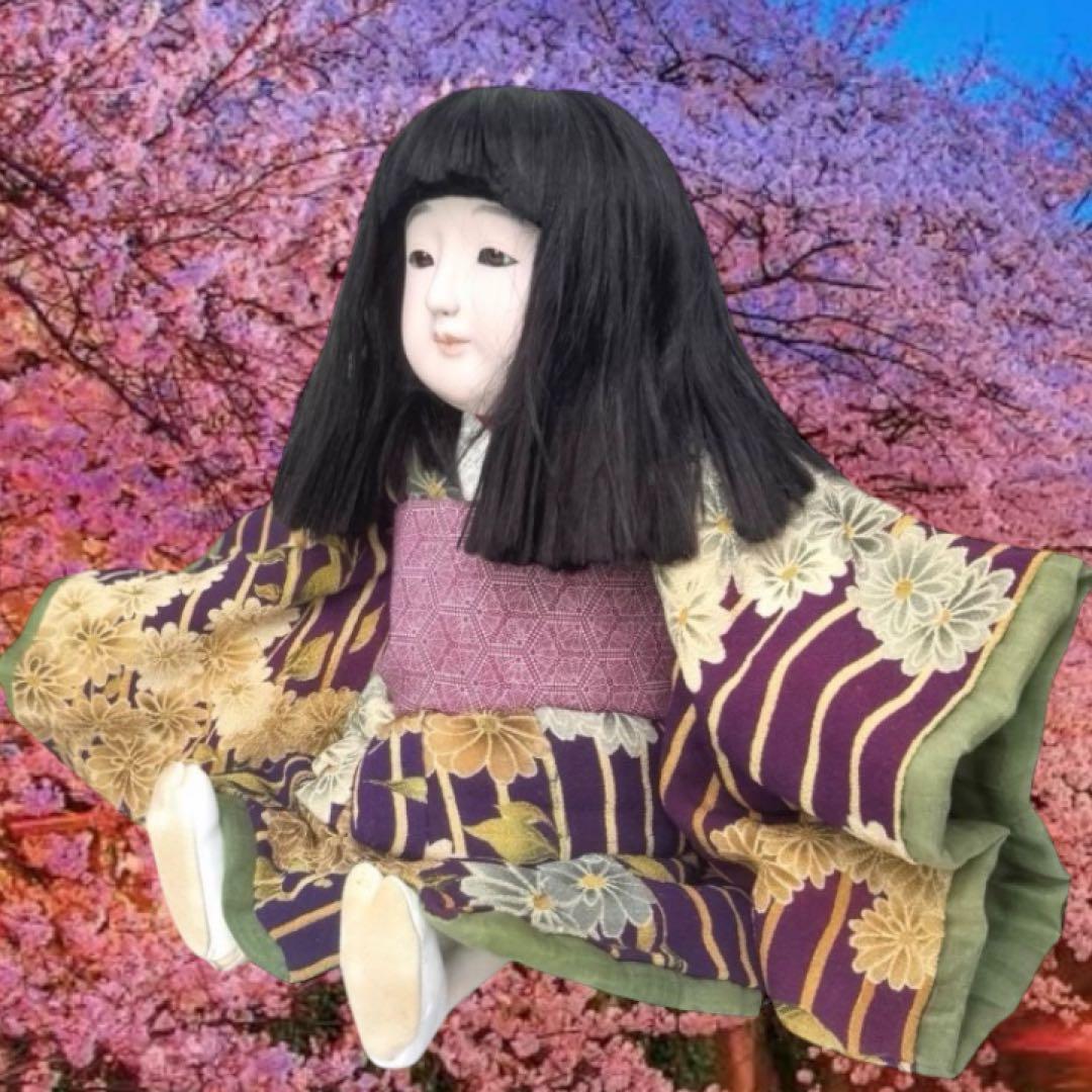 市松人形 松乾斎東光 紫 縮緬 花柄 菊 着物 ガラス 銘 印 三折れ 日本人形