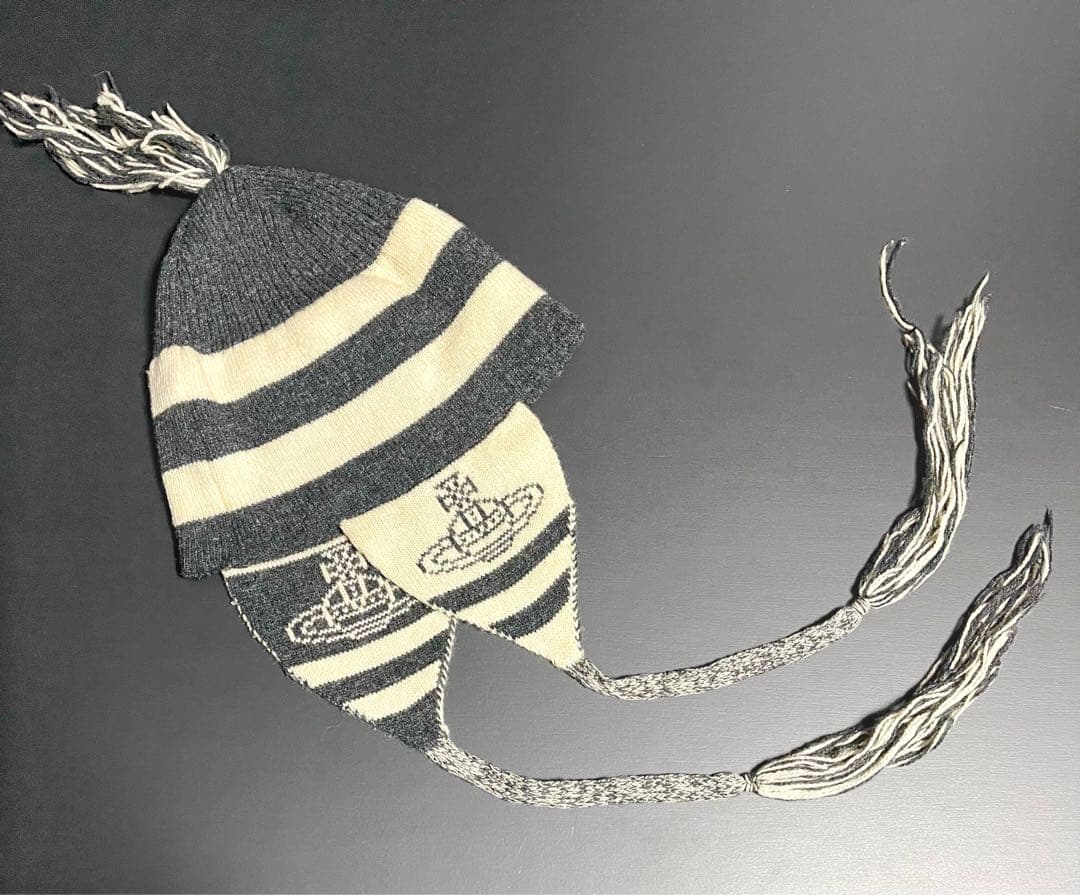 90s激レア旧タグ最初期型★廃盤/正規品★美品ヴィヴィアン耳当て付きニット帽黒白