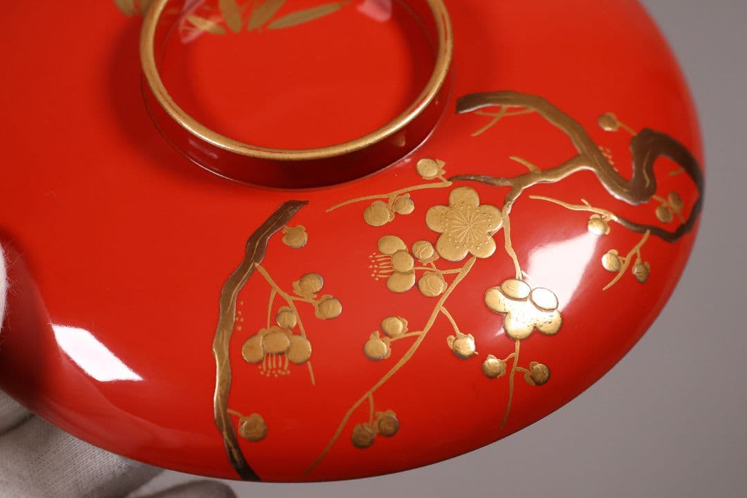 【CM247】時代木製漆器 松竹梅 金蒔絵 朱塗 引盃 五客 木製漆器 小皿 杯