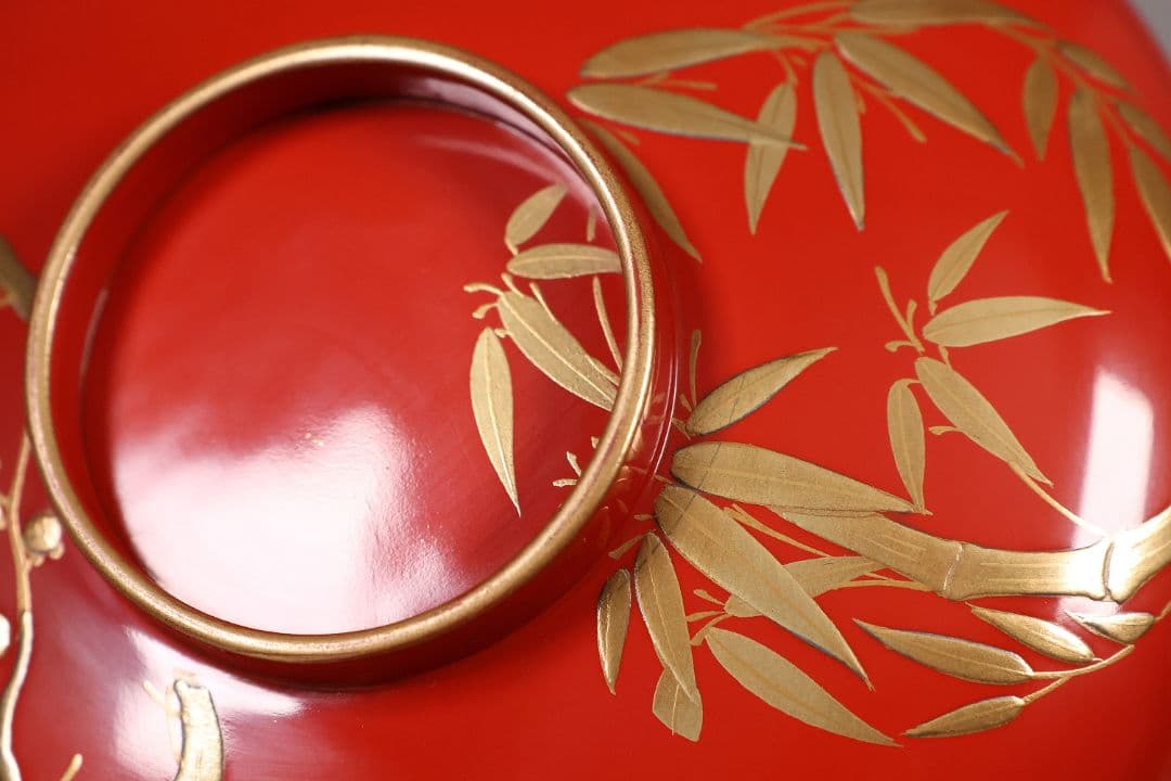 【CM247】時代木製漆器 松竹梅 金蒔絵 朱塗 引盃 五客 木製漆器 小皿 杯