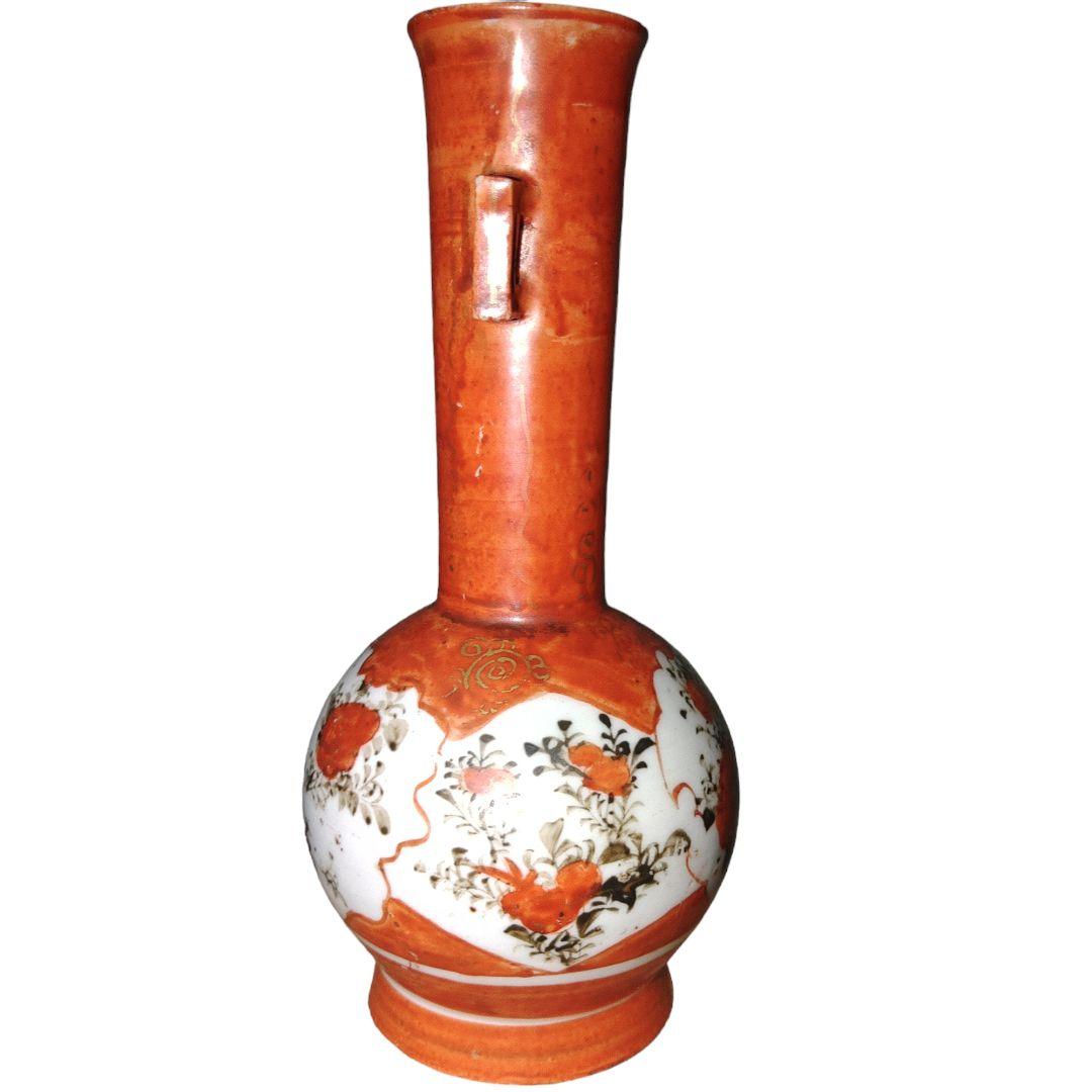 明治レトロ　赤九谷焼　草花文様双耳小花瓶