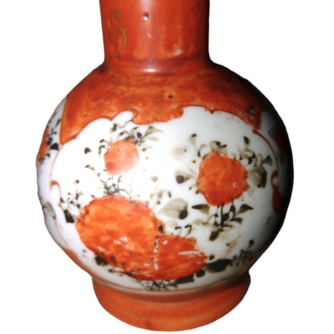 明治レトロ　赤九谷焼　草花文様双耳小花瓶