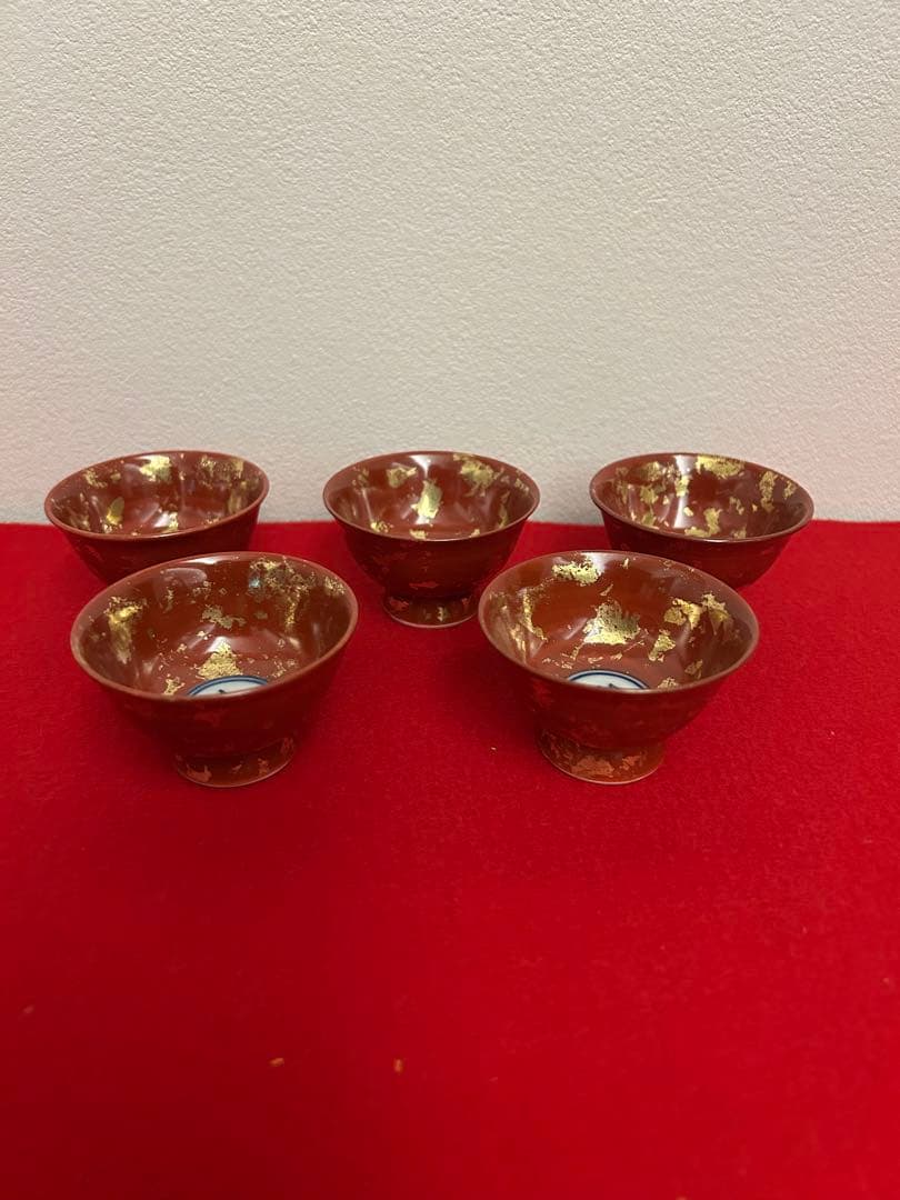 松谷窯/赤地金箔散 福禄寿酒盃　五客