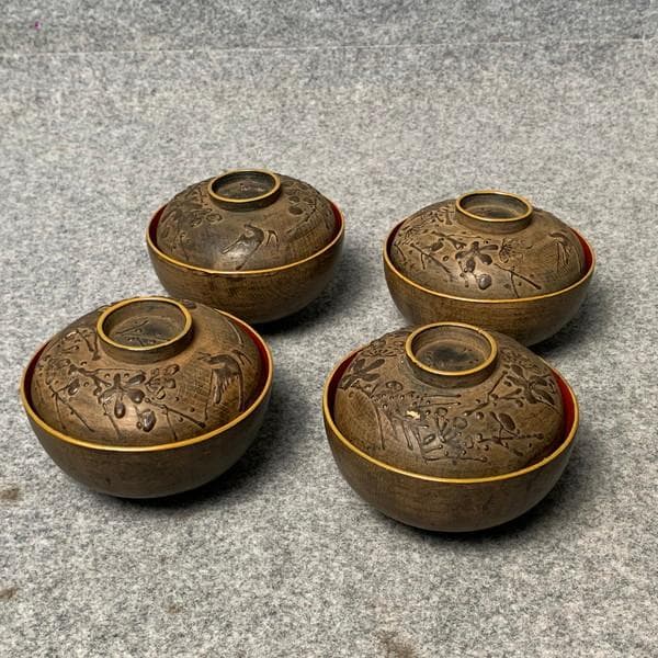 会津塗鉄錆塗木製蒔絵富士山吸物椀4個[B34144]