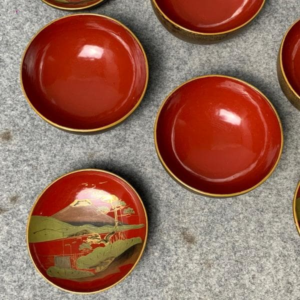 会津塗鉄錆塗木製蒔絵富士山吸物椀4個[B34144]