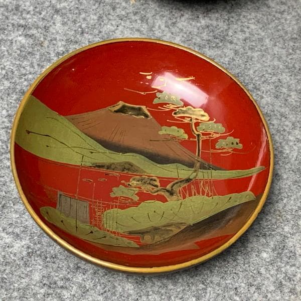 会津塗鉄錆塗木製蒔絵富士山吸物椀4個[B34144]