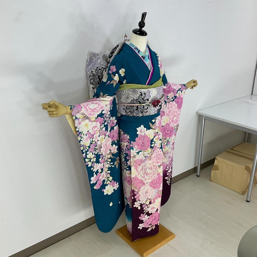 お振袖フルセット　7点セット　ブルーグリーン　銀通し　正絹　美品