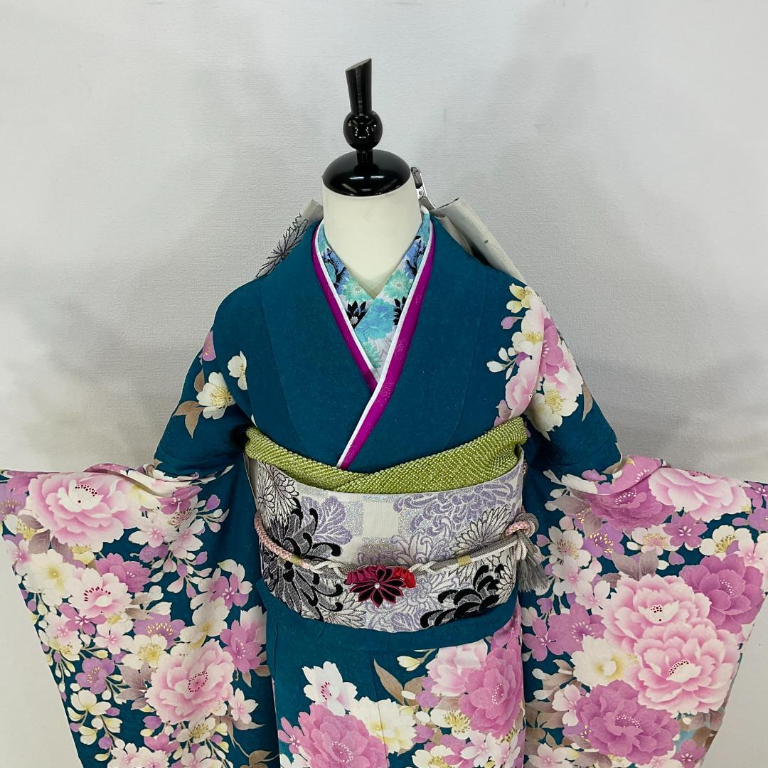 お振袖フルセット　7点セット　ブルーグリーン　銀通し　正絹　美品