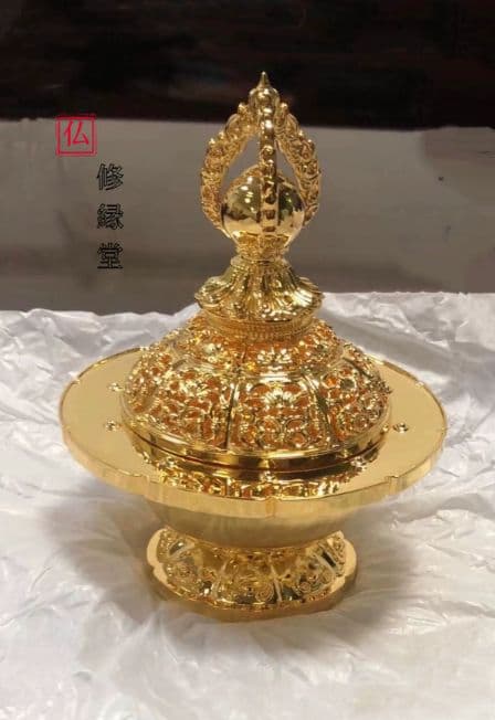 【修縁堂】チベット密教 真鍮 寺院仏具 法器 金メッキ宝珠炉