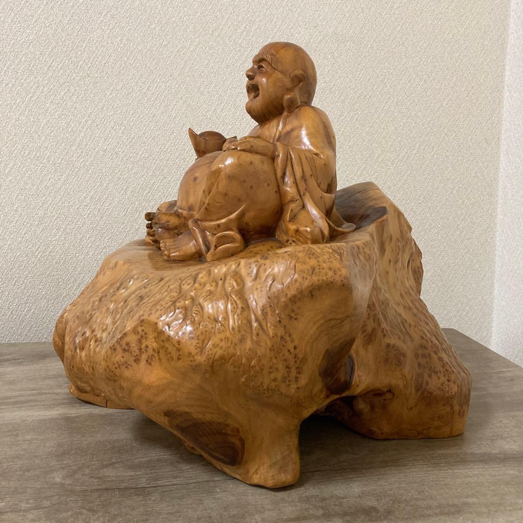 大型　天然木　木彫り　七福神　布袋様　中国美術　置物〈検 オブジェ　 仏像　瘤木