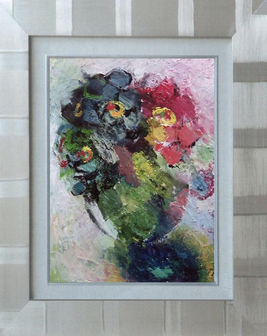 油絵 菅家令子 絵 絵画インテリア 額付(青緑＋金色の枠)uF6-111302花