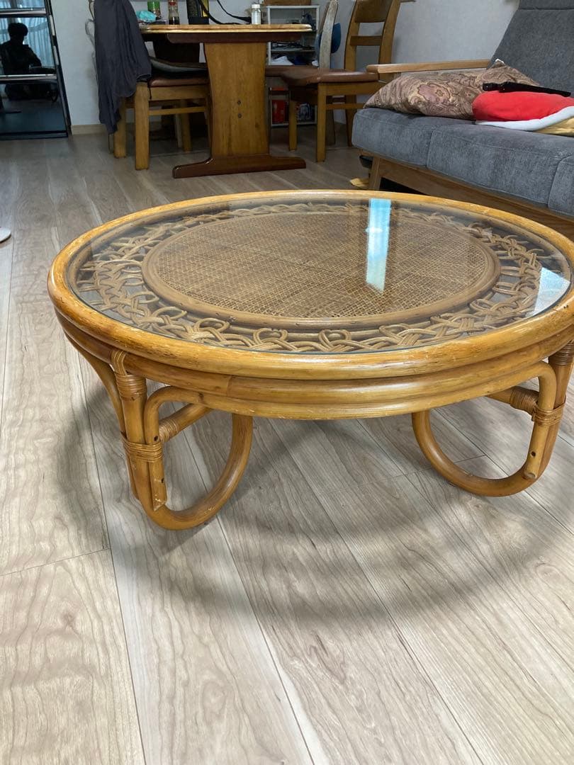 おしゃれ　ラタン　強化ガラス　テーブル　全国送料無料