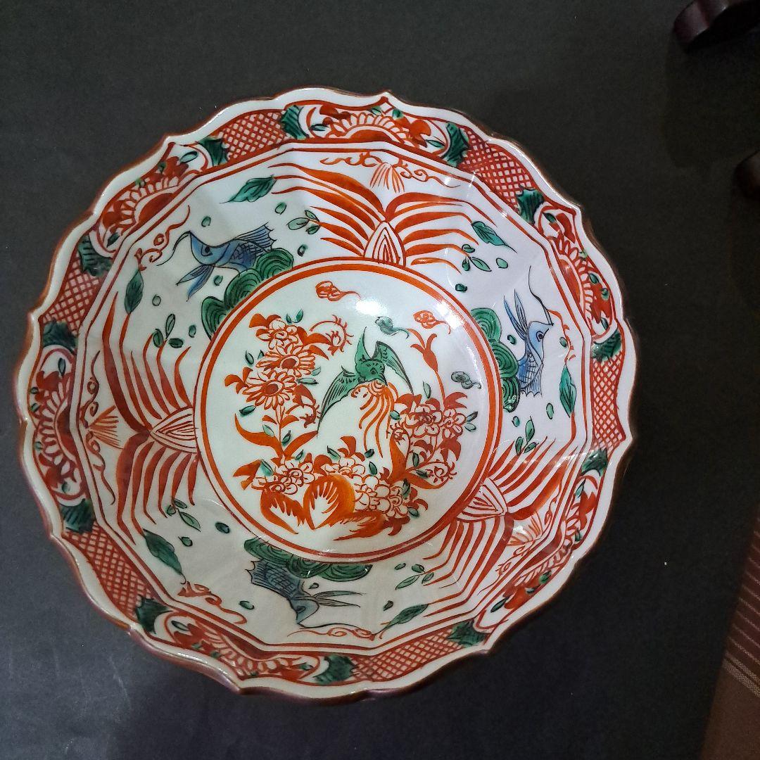 永楽善五郎　九谷赤絵　　中鉢　紅縁輪花鉢　明治 大日本永楽造　共布、共箱入