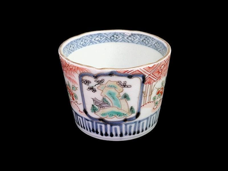 古伊万里　色絵　窓絵　岩に東屋　笹に花の図　蕎麦猪口　351AS-fbmr