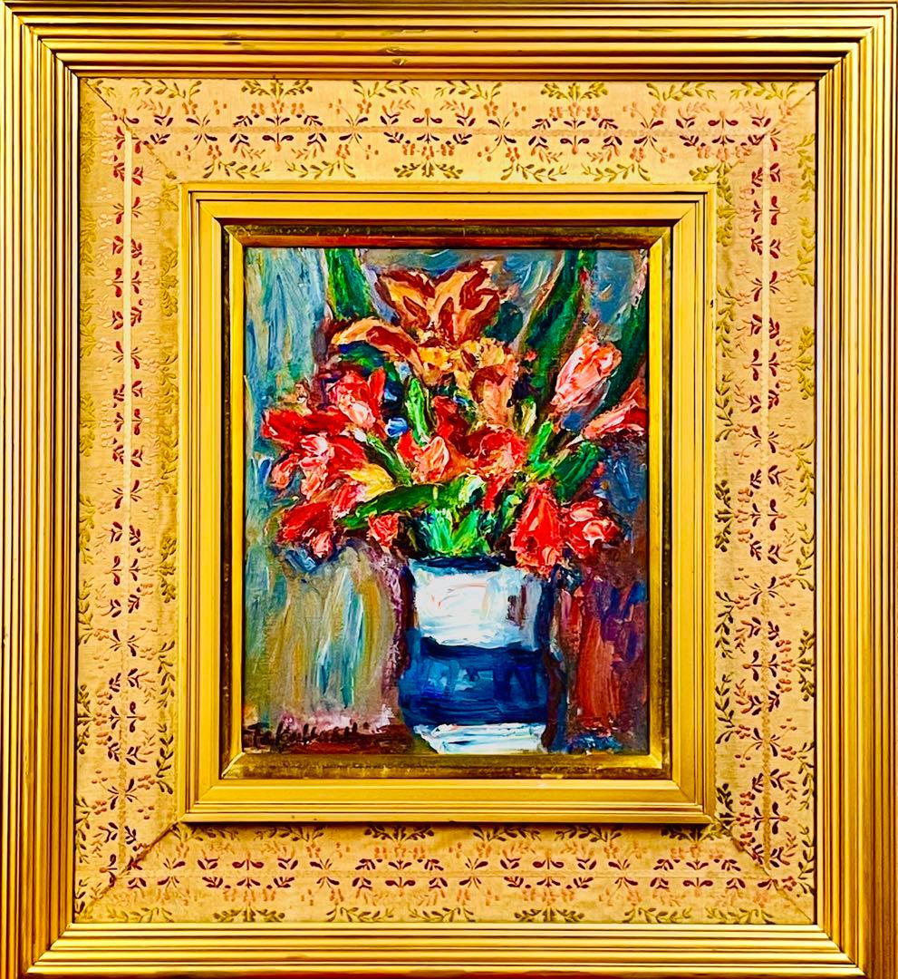 高橋惟一　真作 「花」油彩3号　スイスで活躍　評価1号23万円　古径製額縁