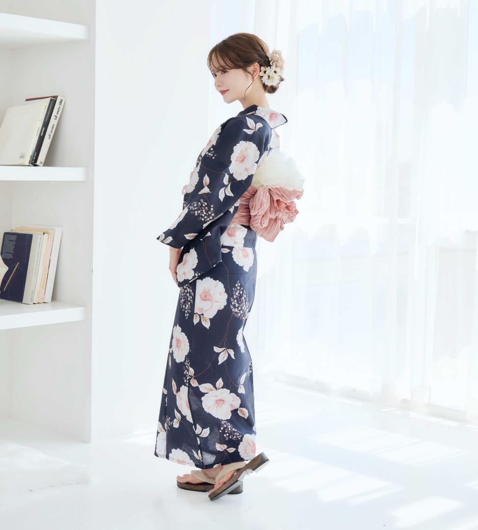 二部式浴衣 セパレート浴衣 3点set 珊瑚色の花あそび 濃紺地 Y5-23-2