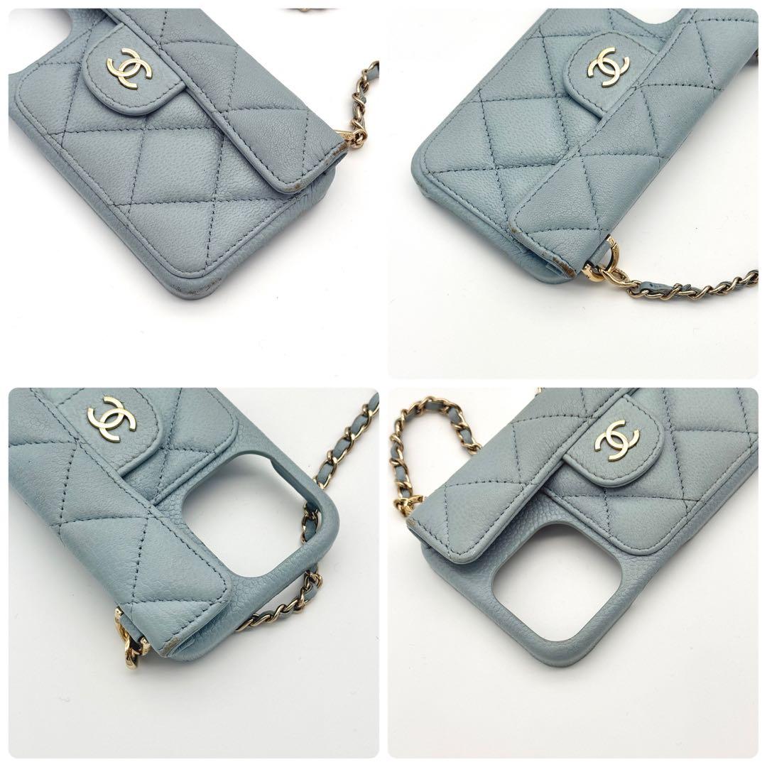 CHANEL キャビアスキン iPhone 13 Pro ケース マトラッセ 青