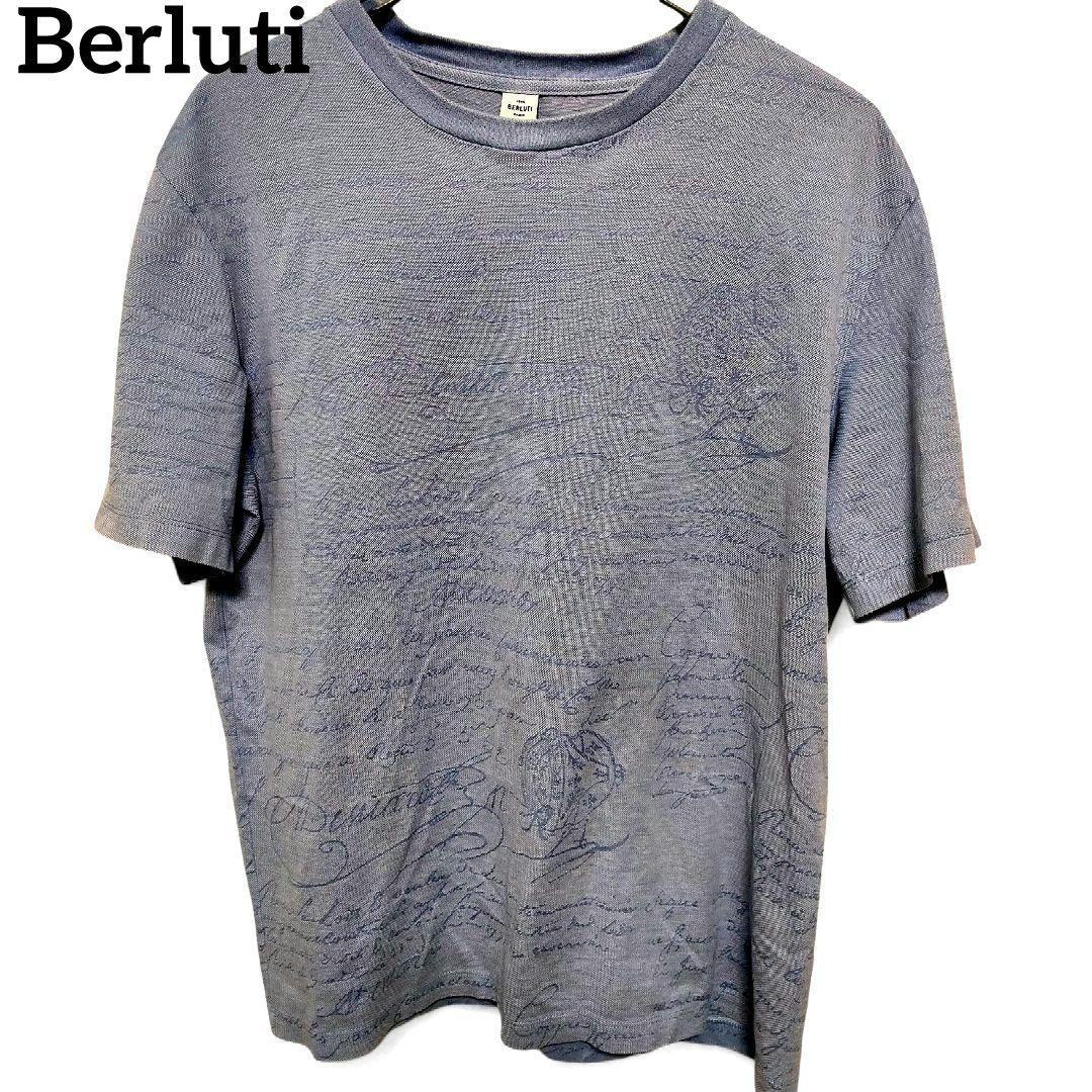【美品/Lサイズ】ベルルッティ スクリット カリグラフィー 刺繍Tシャツ ブルー