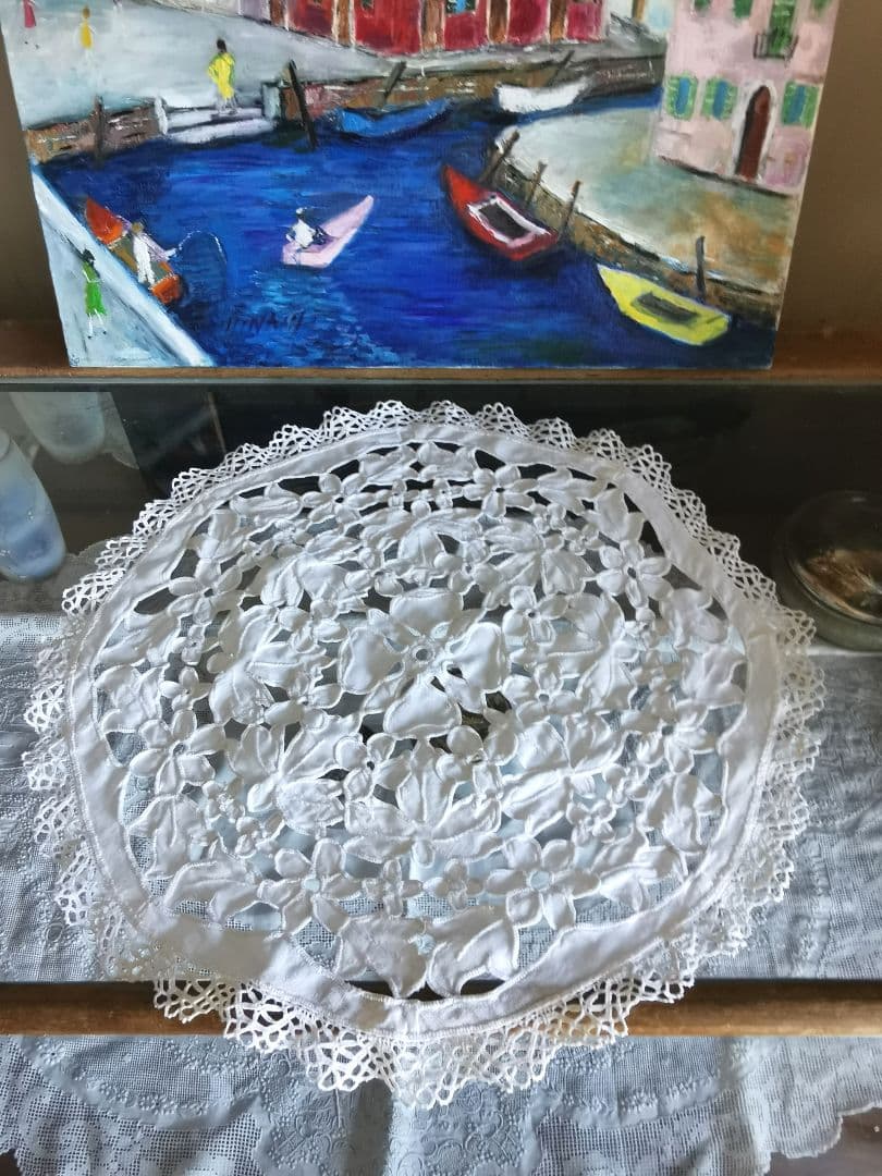 アンティークイタリア オープンカットワーク花刺繍＆ボビンレース ラージドイリー
