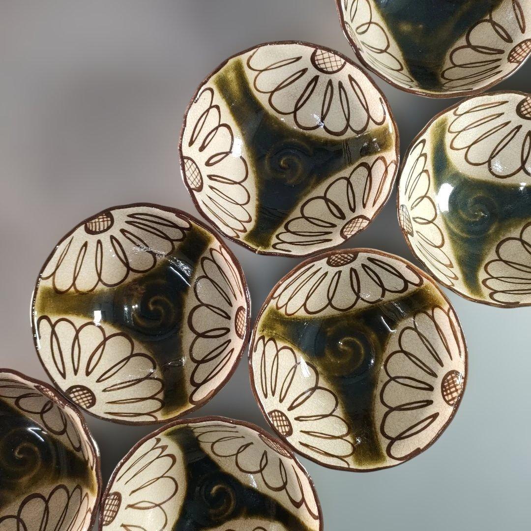 A1346-4/織部向日葵文茶碗揃10客/小鉢/向付/銘々皿/飾鉢/懐石道具/