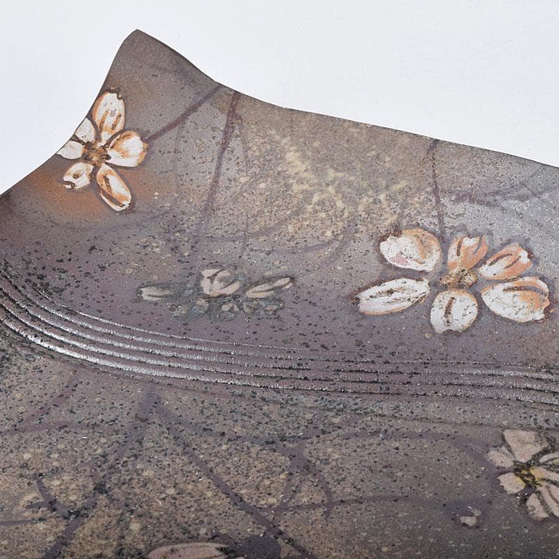 益子焼　堀越美紀作　自然釉　秋桜文　長皿　共箱　N　8681D