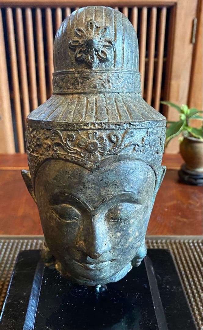 1７世紀　古代タイ国　アユタヤ様式　青銅製 観音頭部　鑑賞台付ヴィンテージレア