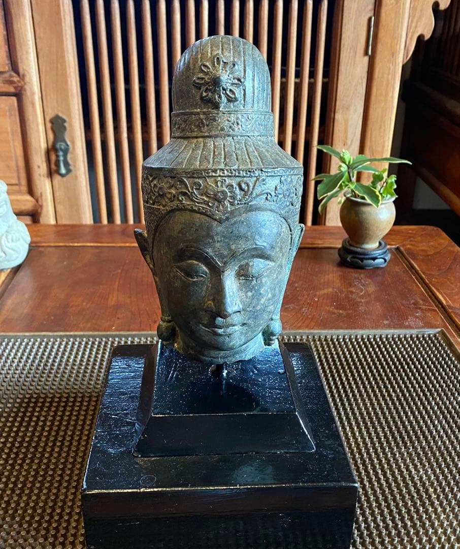 1７世紀　古代タイ国　アユタヤ様式　青銅製 観音頭部　鑑賞台付ヴィンテージレア