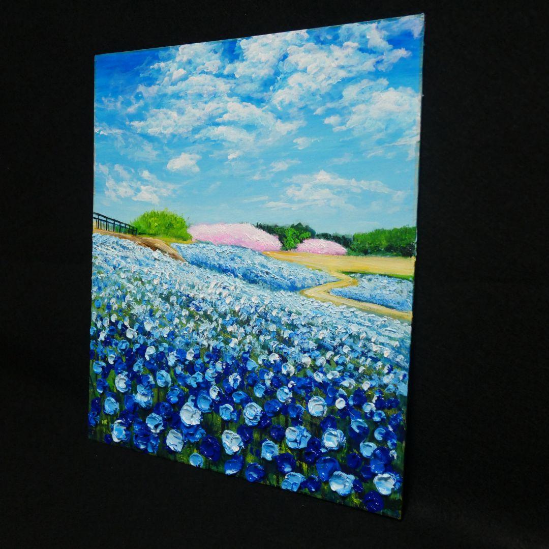 油絵 油彩 油彩画 絵 絵画 【ネモフィラと桜】