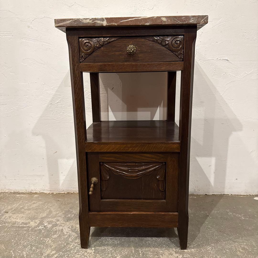 ヴィンテージ　木製サイドテーブル　引き出し/扉収納付き　大理石天板