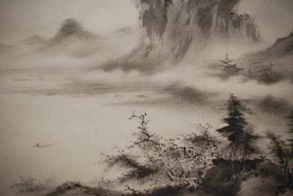 真作/出野曦山/塔山湖画賛/桐共箱付/布袋屋掛軸HC-733