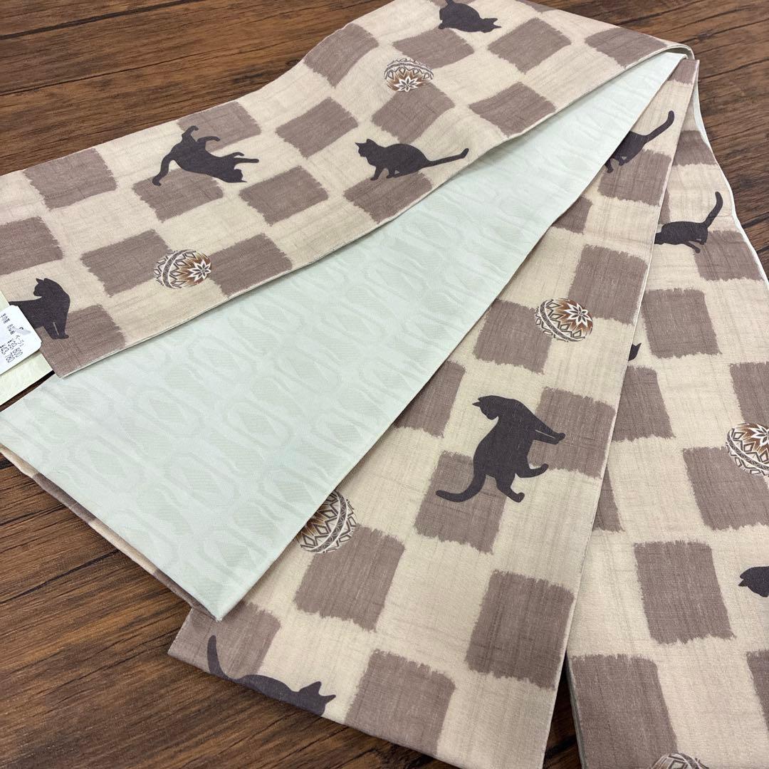 ☆日本製☆オシャレな正絹半幅帯☆百貨店取扱い品☆猫と市松☆43780円☆カフェ☆