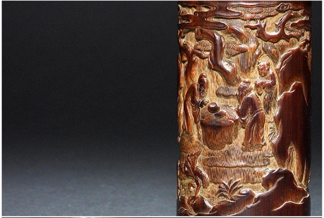 中国美術 古竹 彫刻 風景 賢人 図 筆筒 筆立/文房具書道具筆墨紙硯