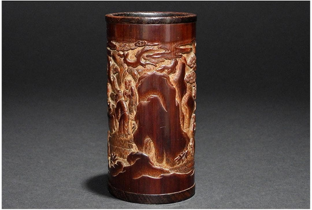中国美術 古竹 彫刻 風景 賢人 図 筆筒 筆立/文房具書道具筆墨紙硯