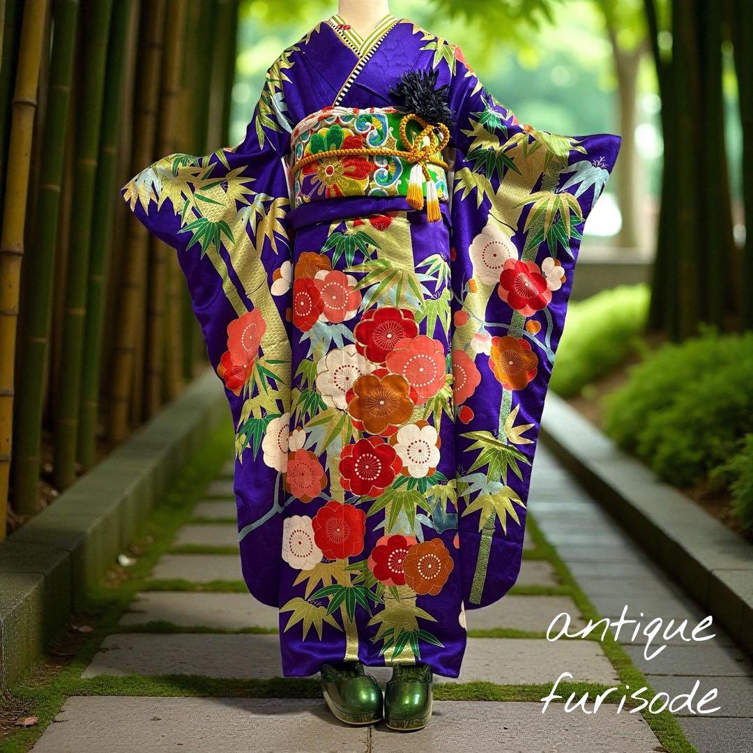 (う67) 紫翠(しすい)の花鼓✨梅彩きらめく雅のアンティーク振袖㊗️ ③点セット