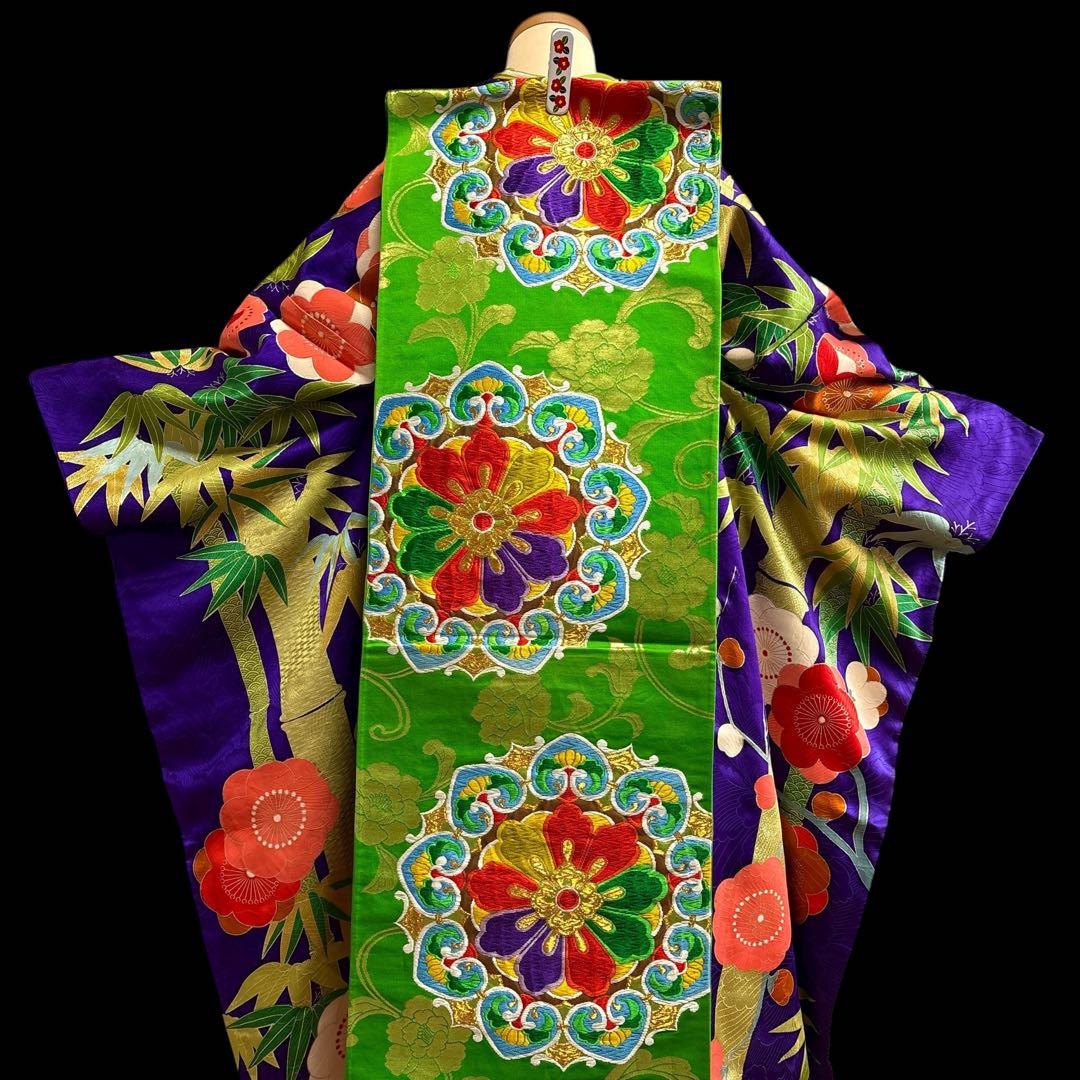 (う67) 紫翠(しすい)の花鼓✨梅彩きらめく雅のアンティーク振袖㊗️ ③点セット