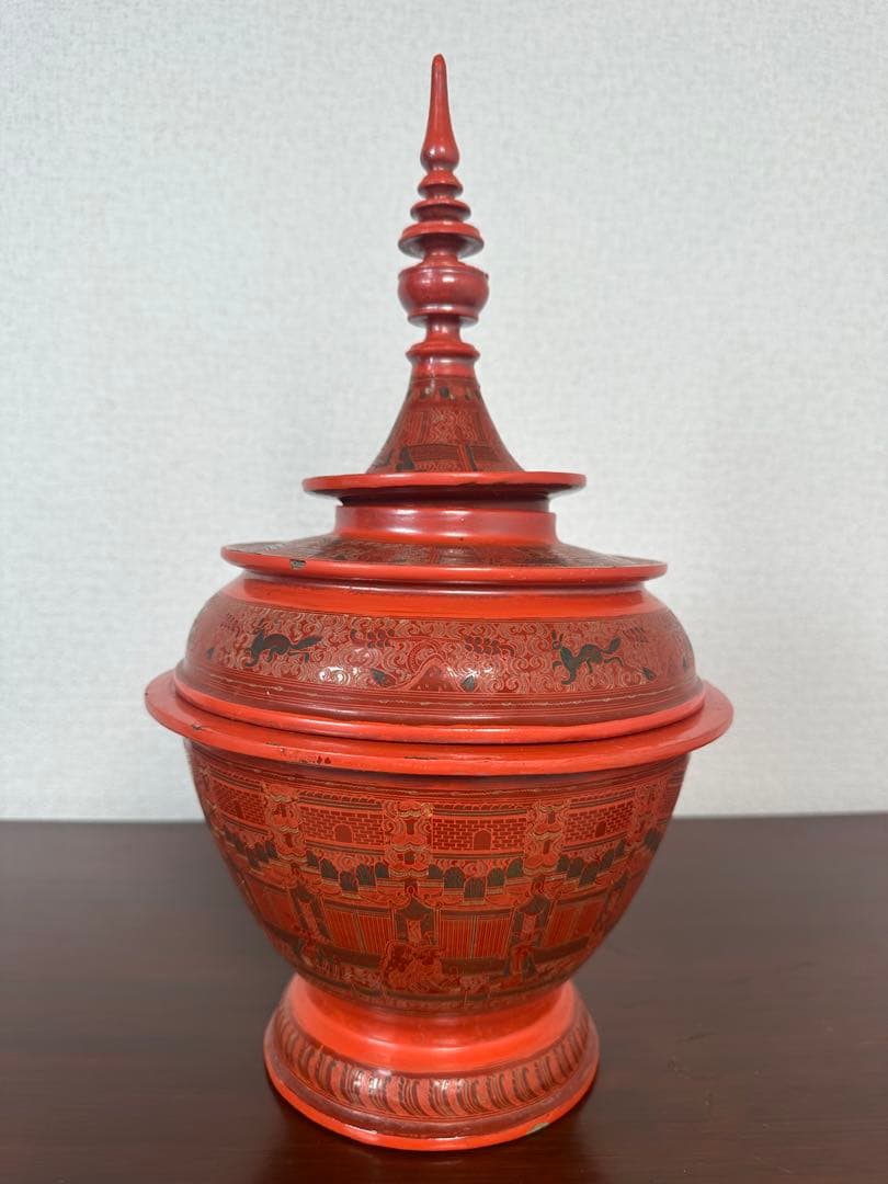 ミャンマー アンティーク 漆器 蒟醤 仏塔形 供物器 高さ約41cm ※31※