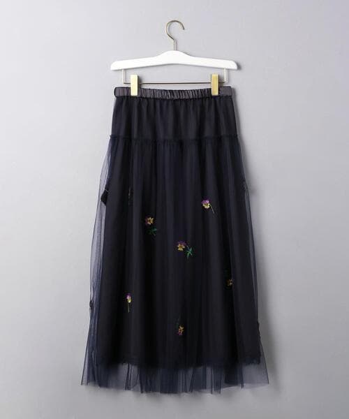 MUVEIL ビオラ刺繍 チュールスカート フラワー ネイビー サイズ40