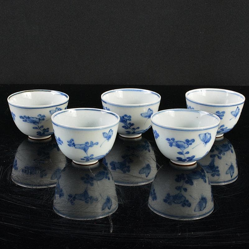 煎茶道具　伊万里焼　古伊万里　染付　花蝶文　煎茶碗　五客　時代箱　D　R6222