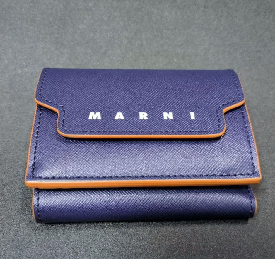 MARNI ロゴ 3つ折財布 ネイビー ブラウン 袋 箱 付き 青