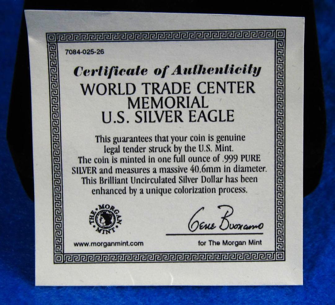 ０１年　カラー　アメリカンシルバーイーグル　１オンス１ドル銀貨　ＷＴＣリメンバー