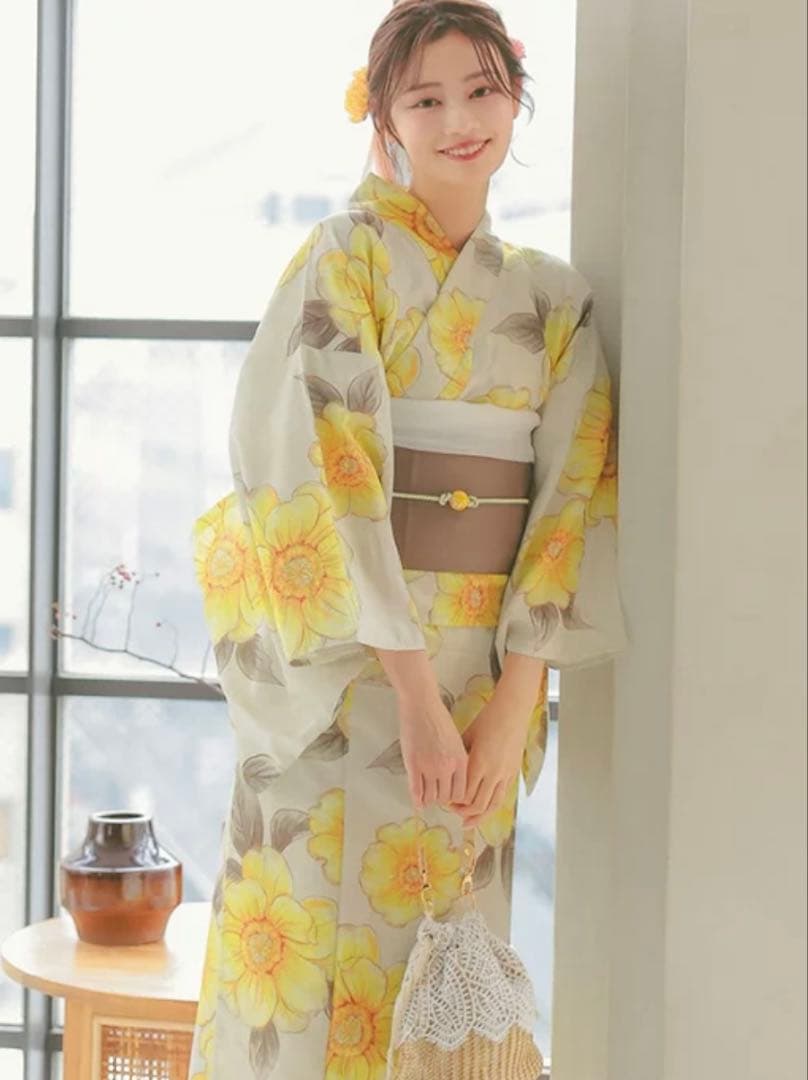 ベージュ地×水彩ポピー ゆかた　浴衣 帯 帯紐 髪飾り バッグ　5点セット