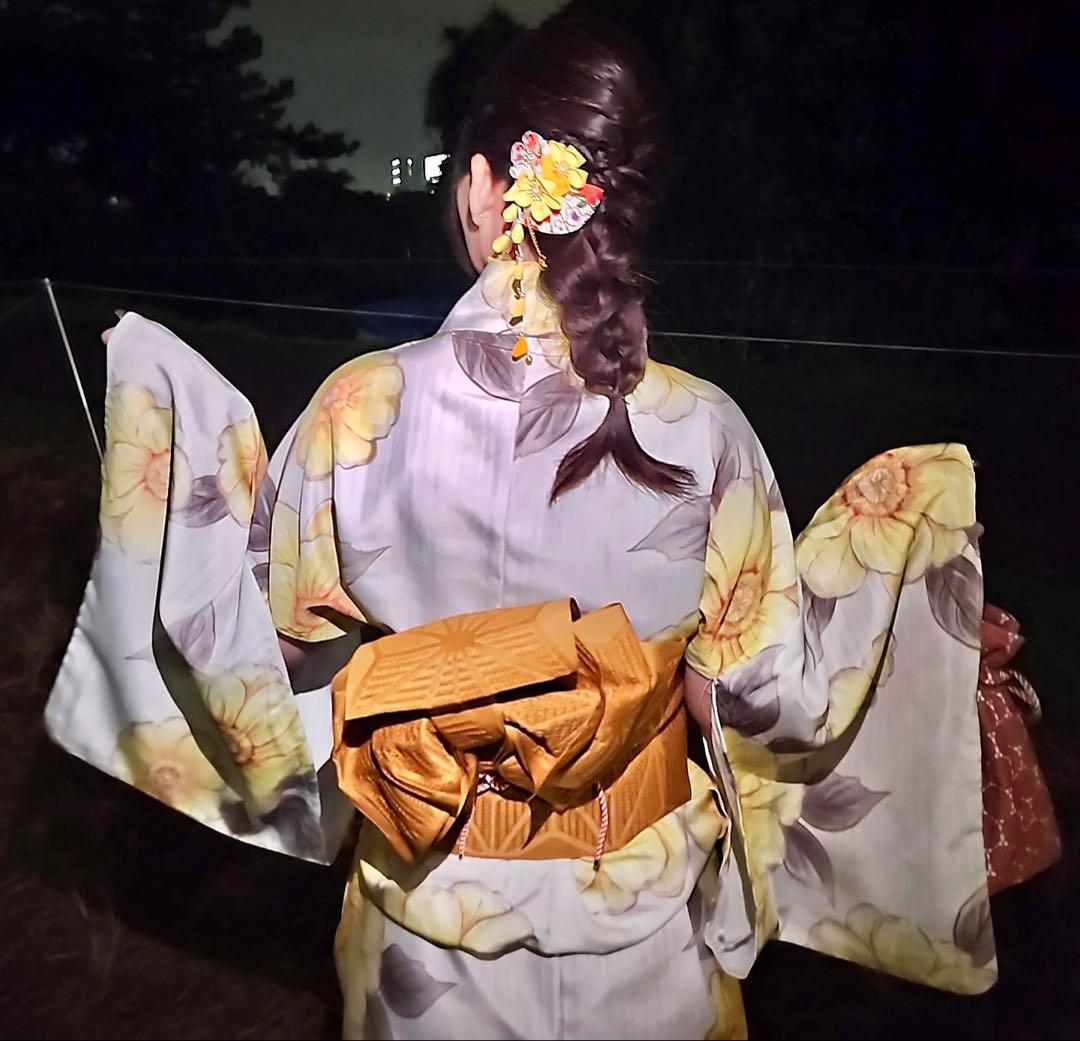 ベージュ地×水彩ポピー ゆかた　浴衣 帯 帯紐 髪飾り バッグ　5点セット