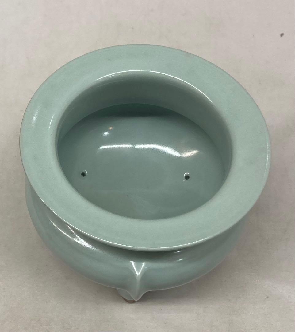 B507s「青瓷袴腰 香炉」諏訪蘇山作純銀四君子肉彫火舎　松與堂造　共箱　京都