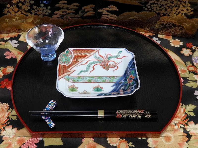 古伊万里　金襴手　桐に鳳凰　団龍紋に花の図　長角皿　289AS-BQs