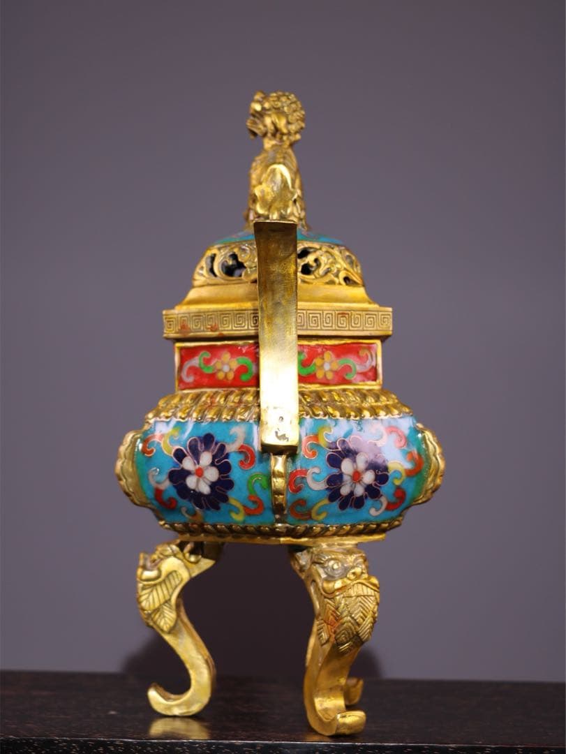 縁起物　文房具　純銅製 景泰藍香炉 三龍足 双耳狻猊蓋炉 掐絲七宝焼　置物美品