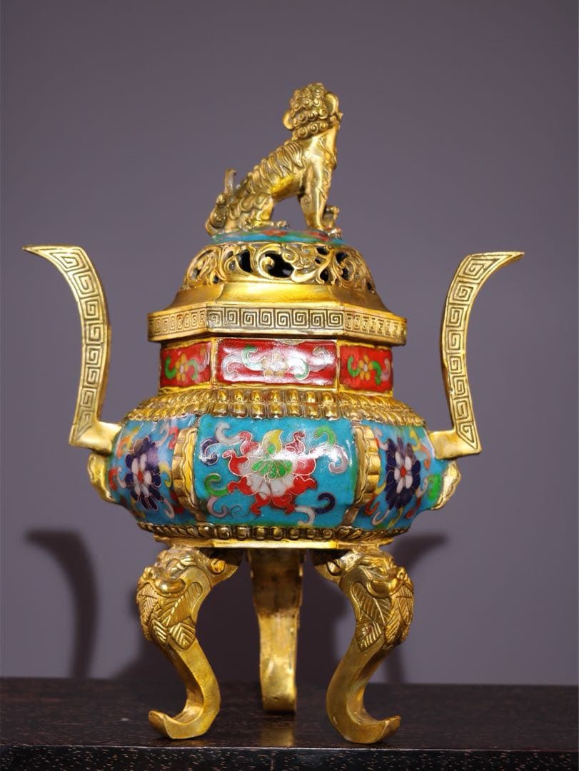 縁起物　文房具　純銅製 景泰藍香炉 三龍足 双耳狻猊蓋炉 掐絲七宝焼　置物美品