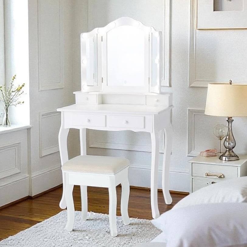 【新品】LED女優ライト　ドレッサー＆スツール　三面鏡　明るさ無段階調節