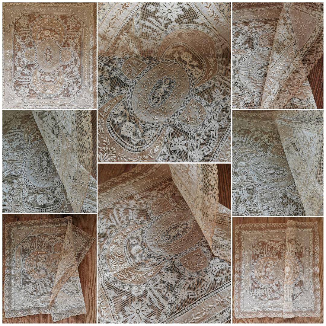 アンティーク ノルマンディーレースランナー セピアトーン 美しい盛上刺繍ドイリー