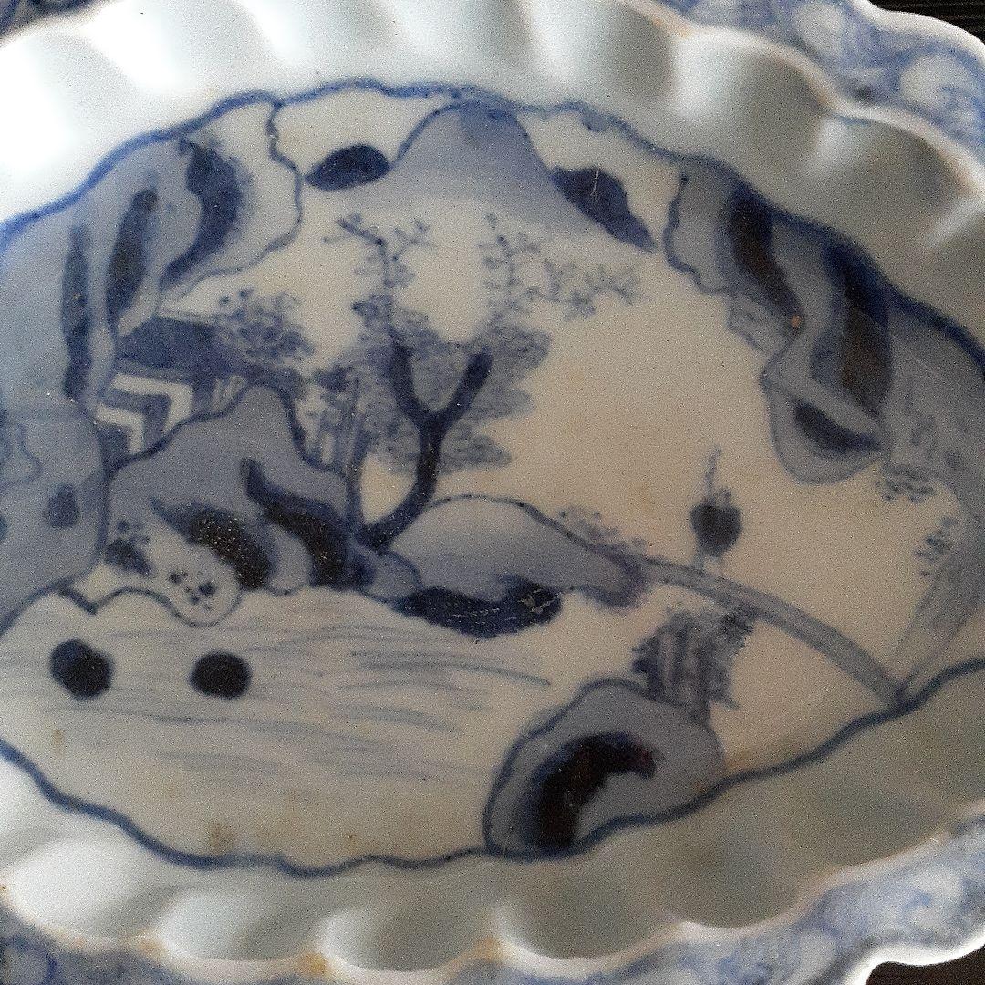 古染め付け3本獣足染め付け山水楼閣紋高台皿